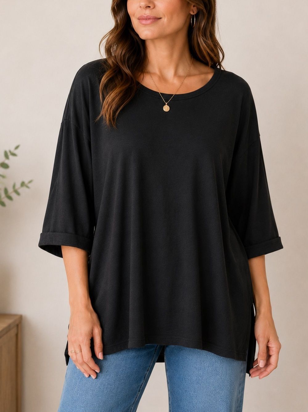 Suzy D London Black Oversized Top 3/4 Sleeve Relaxed Size XL
